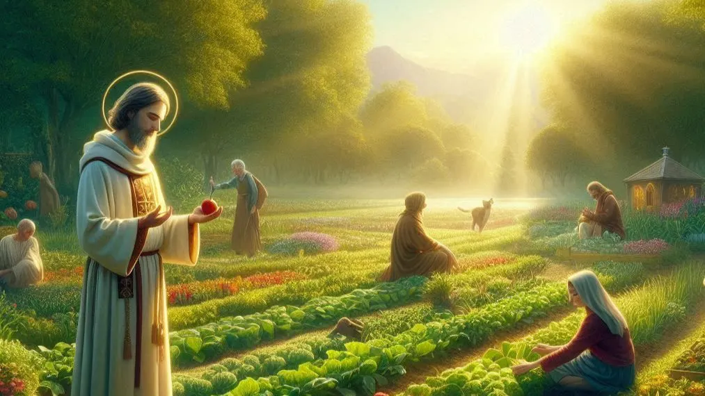 Donate to St. Fiacre's Friends - image of St. Fiacre standing in a sunny field holding a piece of fruit while others harvest the field