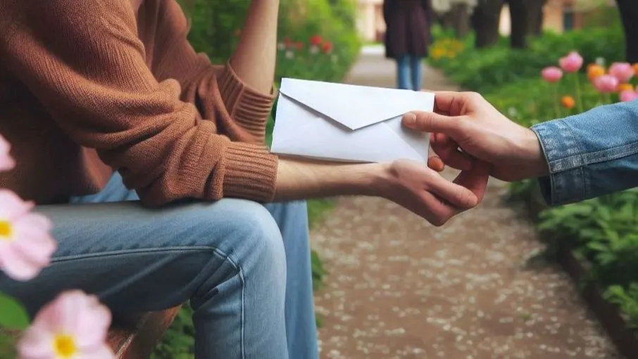Donate in Memory of Someone: image of a hand offering an white envelope to another arm of someone sitting on a park bench