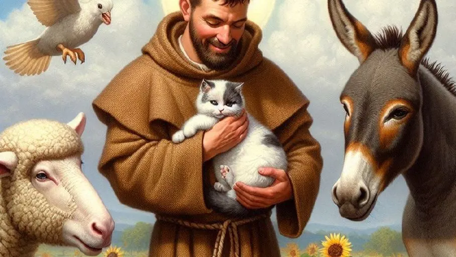 Donate to St. Francis' Friends: image of St. Francis holding a kitten and surrounded by other animals